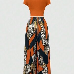 Orange Top with Animal Print Wide-Leg Pants